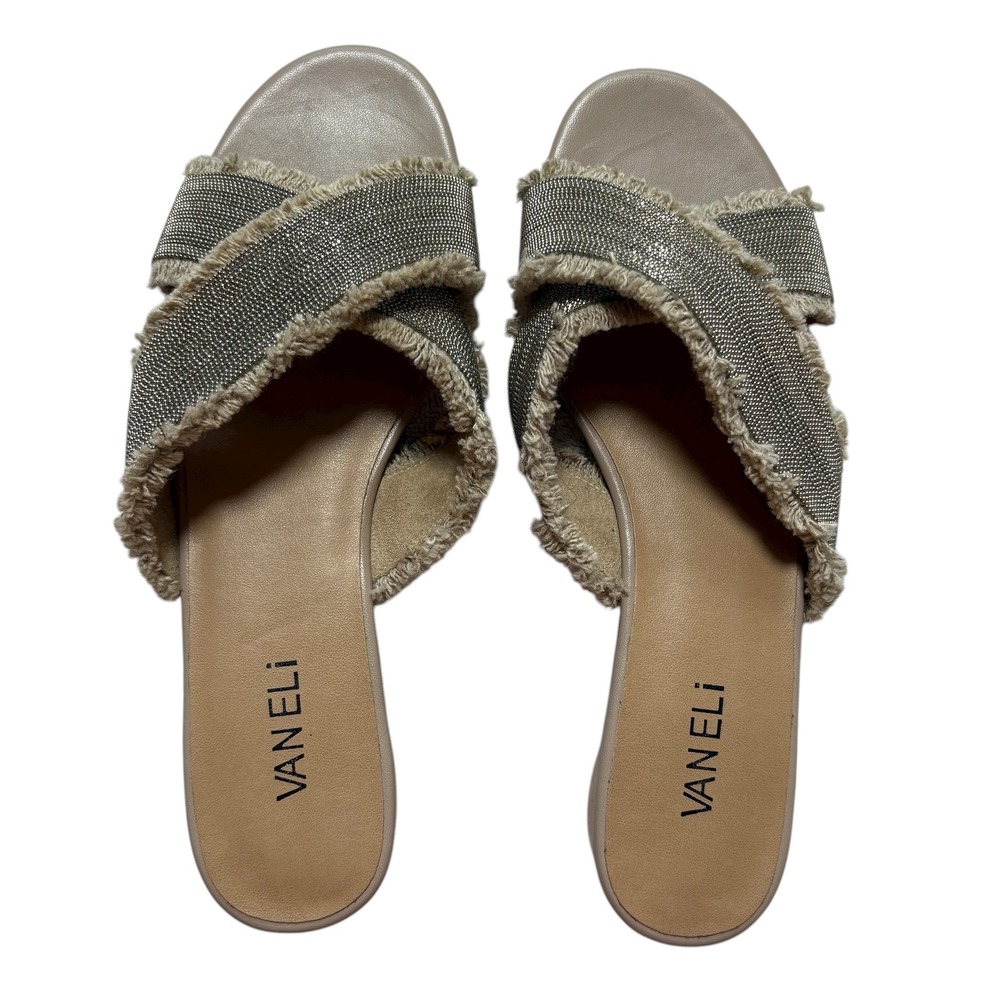 VANELI Women's Levya Gold Metallic Fringe Cross Strap Slide Sandals Size 9